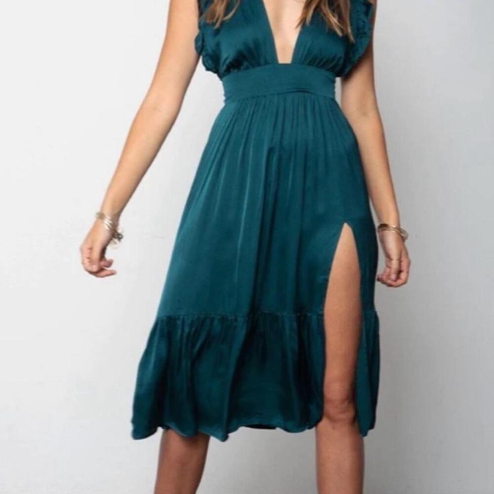 Stillwater deep teal satin plunging midi dress